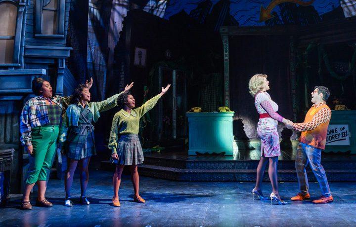 Chelsea Hooker as Crystal, Briana Brooks as Ronnette, Olivia Elease Hardy as Chiffon, Talia Suskauer as Audrey, and Etai Benson as Seymour in Little Shop of Horrors, 2024 (Ogunquit Playhouse)