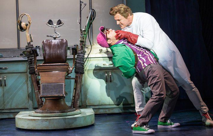 Etai Benson as Seymour and Edward Watts as Orin Scrivello in Little Shop of Horrors, 2024 (Ogunquit Playhouse)