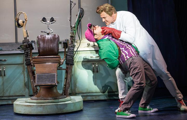 Etai Benson as Seymour and Edward Watts as Orin Scrivello in Little Shop of Horrors, 2024 (Ogunquit Playhouse)