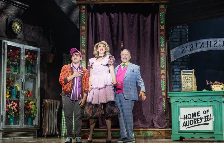 Etai Benson as Seymour, Talia Suskauer as Audrey, Adam Heller as Mr. Mushnik in Little Shop of Horrors, 2024 (Ogunquit Playhouse)