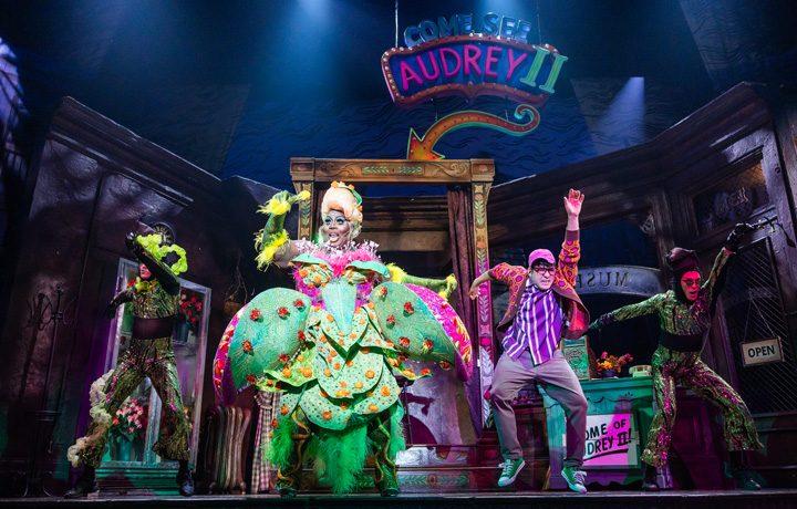 Nick Davis as Da Vine Dancer, Joseph Ryan Harrington as Da Vine Dancer, Etai Benson as Seymour, Latrice Royale as Audrey 2 in Little Shop of Horrors, 2024 (Ogunquit Playhouse)