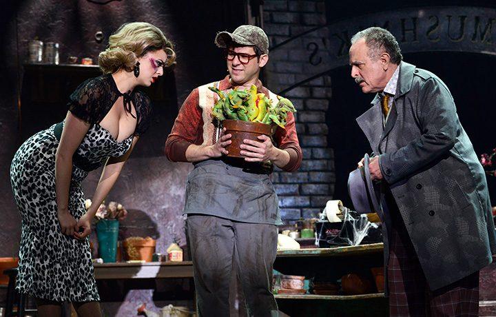 Talia Suskauer as Audrey, Etai Benson as Seymour, and Adam Heller as Mr.Mushnik in Little Shop of Horros